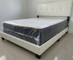 New Queen size bed Frame white diamond headboard platform bed with mattress free DELIVERY