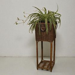Vintage Wicker Plant Stand • Tall Rattan Planter Basket • Boho Home Decor
