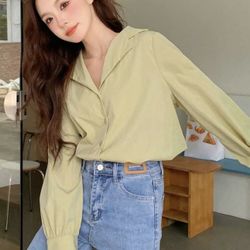  Solid Color Loose Fit Turn-Down Collar Long Sleeve Women'S Shirt