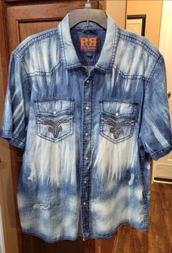 Rock Revival "Borden" Acid Wash Denim Pearl Snap Shirt - Men’s XXL (Mint)