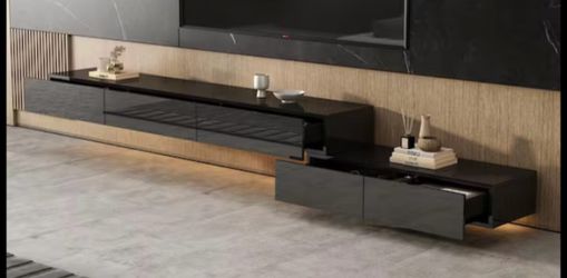 Brand New Modern Wood Black Wall Mounted Floating TV Stand Media Console with High Gloss Drawers & Lights, Fits TV's up to 80 in.