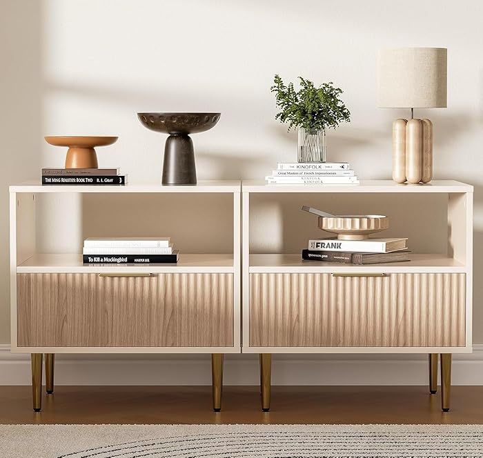 Set of 2, Modern Nightstand with Drawer, End Table with Storage, Bed Side Table with Open Space, for Bedroom, Side Table for Bedroom, Living Room, Oak