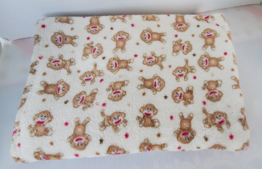 Baby Starters Sock Monkey White Plush Fleece Cuddly Blanket 30" X 40" Red Brown Stars
