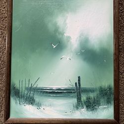 Vintage Framed Beach Scene Oil Painting by W. Brian