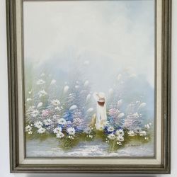 L. KESWIOK Vintage Girl in Flower Field Oil On Canvas Painting Impressionist 24x29”