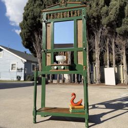 Vintage Solid Wood, Cane and Mirrored Hall Tree