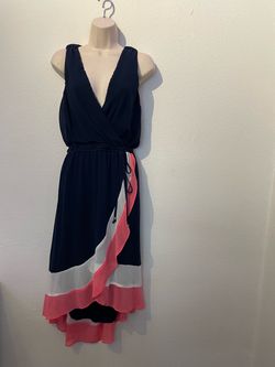 Womens Navy Pink White Colorblock Chiffon Midi Dress V-Neck Lined Large. (X)