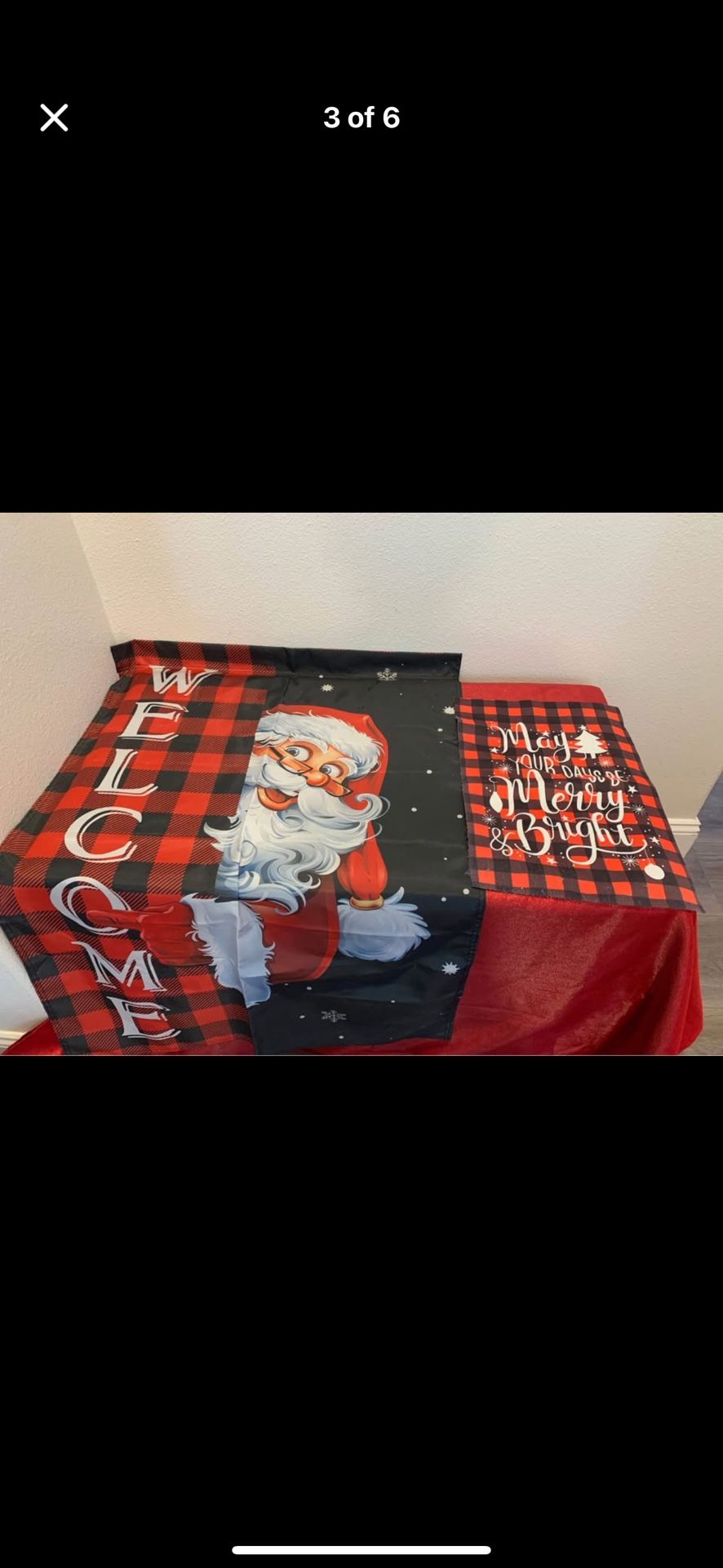 Red & Black Checkered Christmas Flag Set Santa hats Cloth gift bags Sign decor
