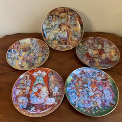 Vintage set of 5 Franklin Mint Heirloom Recommendation Bill Bell Cat Kitty decorative Holiday plates 8”