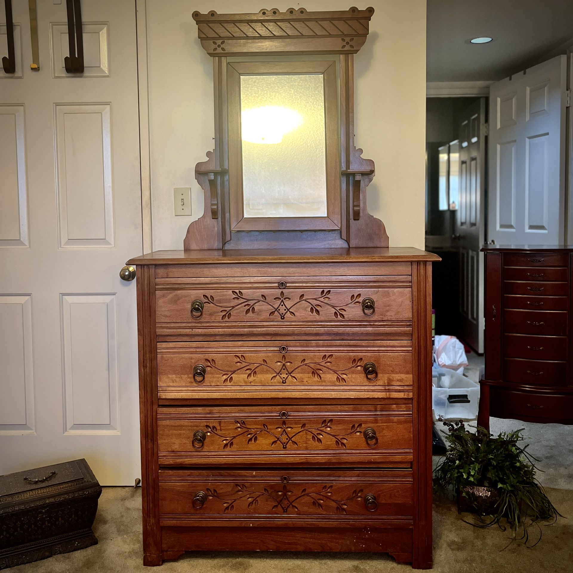 Victorian Carved Wood Dresser with Mirror – Antique Bedroom Furniture - Moving Sale