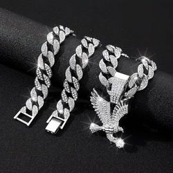 3-Pcs Iced Out 14K White Gold-Plated Cubic Zirconia Eagle Pendant With Miami Cuban Necklace and Bracelet set