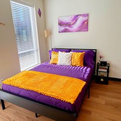 Bed Frame, Nightstand, Lamp, Painting