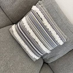 Decorative Gray & Blue Textured Fringe Throw Pillow