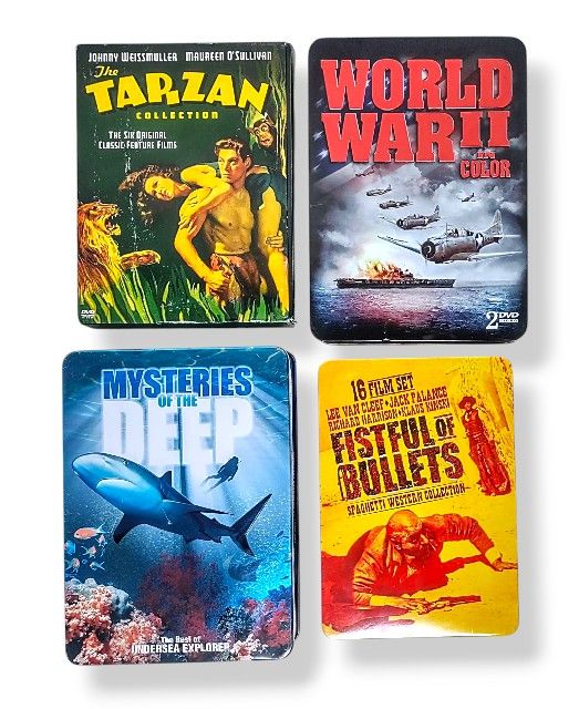 4 DVD Sets Lot WWII War Spaghetti Western Tarzan Ocean Life Sharks Tin Cases