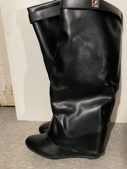 Black Leather Knee-High Wedge Boots