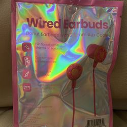 Gems Novelty Pink Donut Earbuds with 3.5mm Aux Cable Wired NWT Cute Fun 47” Long