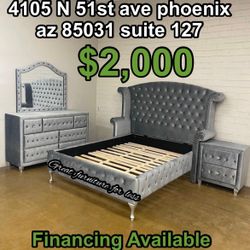 King Size Bedroom Set Grey Velvet Include Bed Frame Dresser Mirror 1 Nightstand 