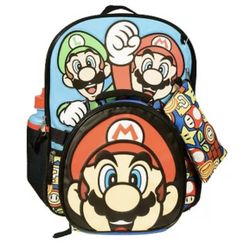 Brand New Super Mario Sublimated 16”Backpack 5 Piece Set Lunch Tote Case
