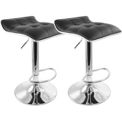 Modern 2 Piece Tufted Faux Leather Adjustable Bar Stool with Low Back in Black with Chrome Base