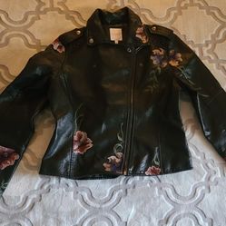 Floral Embroidery Faux Leather Jacket 