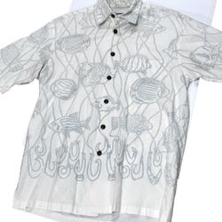 Kahala Linen Blend Button Down Shirt Sz M Relaxed Fish Design Excellent