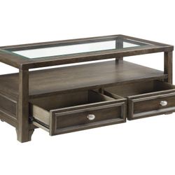 Brown Glass Top Wood Rectangle Coffee Table Storage Drawers