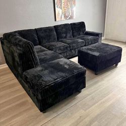 (NEW IN BOX) Black Cord Sectional With Cup Holder And Free Ottoman -FINANCE AVAILABLE
