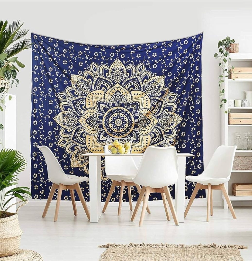 Color Decor Gold and Blue Ombre Mandala Tapestry, Large Boho Wall Hanging, Hippie Lotus Bedspread, Indian Meditation Décor, Aesthetic Dorm and Bedroom