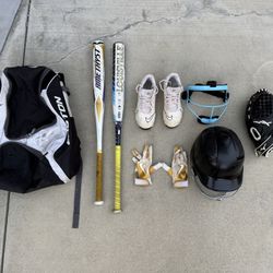 Softball Bats, Glove, Helmet, and Bag