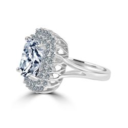 2 CT. (9x7mm) Emerald Cut Center w/double Halo Pave Simulated Diamond - Diamond Veneer set Sterling Silver Electro-plate Ring. 635R0247