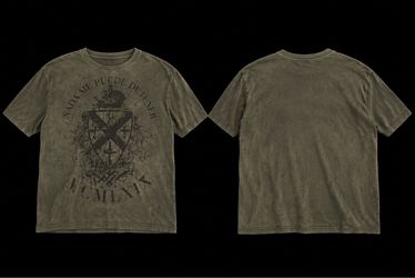 Vintage Distressed Olive Green Graphic T-Shirt – Gothic Crest / Crown Design