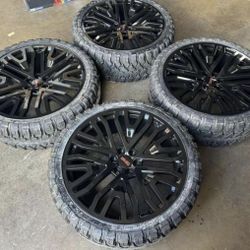 24” Mesh Style Gloss Black Wheels with 33” MT Tires We Finance No Credit ok