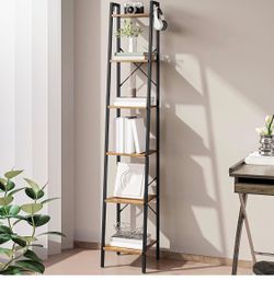 Hzuaneri Ladder Shelf, Bookshelf Bookcase, Freestanding Corner Storage Shelve with 2 Hooks for Home Office, Living Room, Kitchen, Bedroom, Industrial,