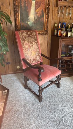 Antique Tallback Chair Dark Solid Wood Victorian Embroidery