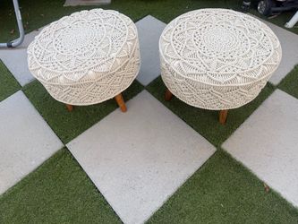Pair of Macrame Ottoman Stools with Wood Legs