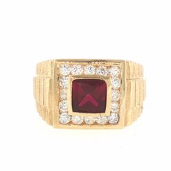 Men’s 14k Yellow Gold Red Stone and CZ Cubic Zirconia Halo Signet Ring Size 9 GP3137993