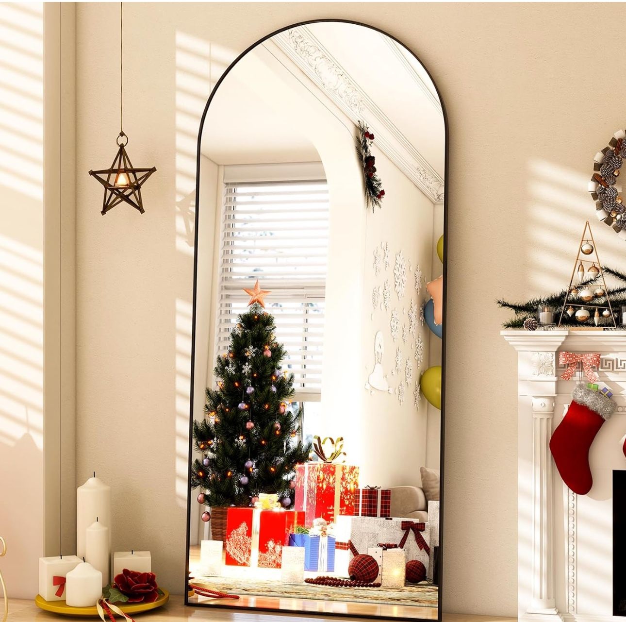 Oversized Full-Body Mirror, 76" x 34" Arched Full-Length Mirror, Black Metal Frame, Floor Mirror for Bedroom, Living/Dressing Room, Gym - Stand/Wall M