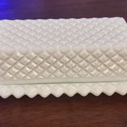 English hobnail vintage Westmoreland milk glass covered butter dish, plate w/ cover