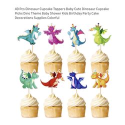 Brand new 40 Pcs Dinosaur Cupcake Toppers Baby Cute Dinosaur Cupcake Picks Dino Theme Baby Shower Kids Birthday Party Cake Decorations Supplies Colorf