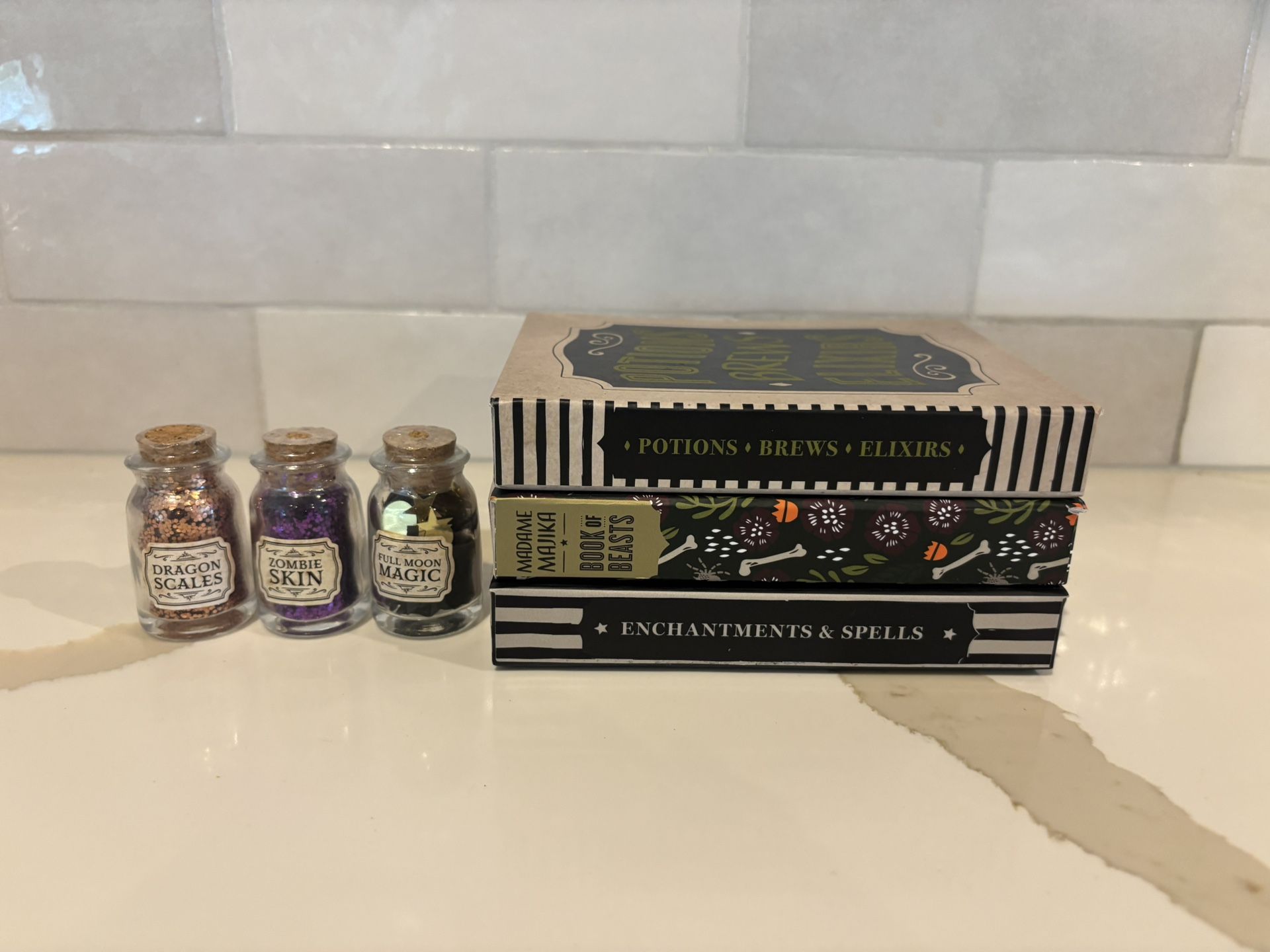 Halloween-themed Decorative Items, Spell books, Potion bottles