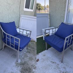 Patio Lounge Chairs + Side Tables – Metal Frame w/ Blue Cushions 