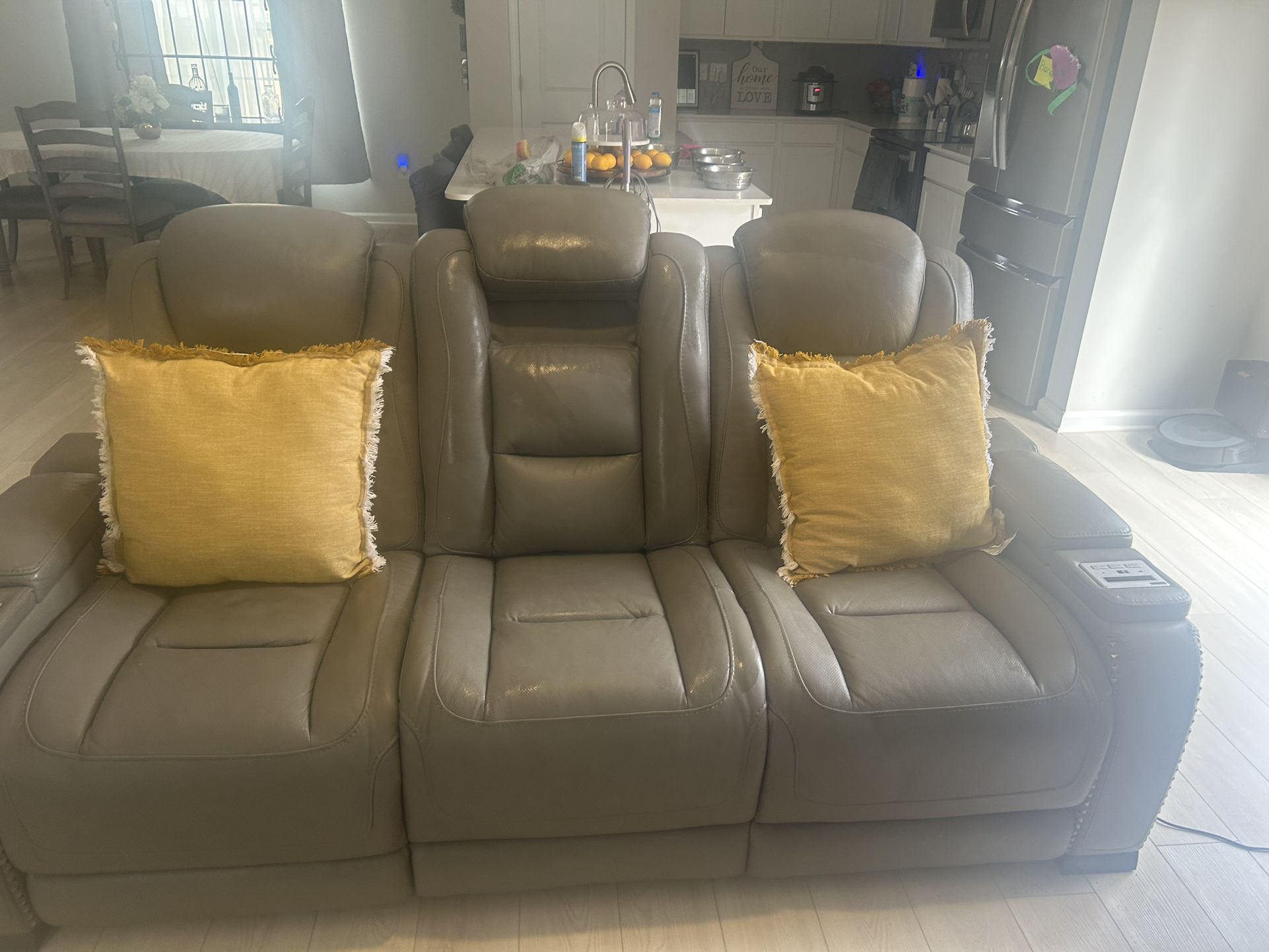 Gray Leather Sofas , 1 That fits 3 People & the Smaller For 2 People.