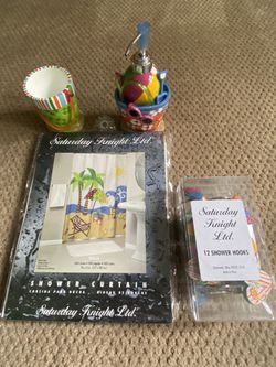 NEW Beach Shower Curtain + Hooks + Cup + Soap Dispenser