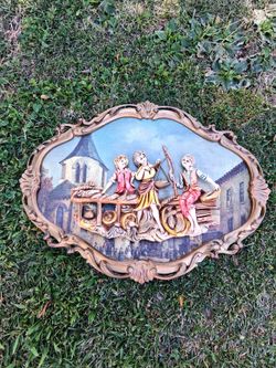 VINTAGE PLAQUE GOLD FRAME ITALIAN CHILDREN PLAYING FISHING, BAROQUE 3D Wall VICTORIAN MOLDED ART..REALLY COOL PIECE!....asking $25.00