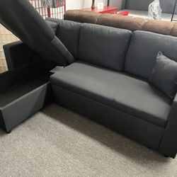 Black Linen Pull Out Sectional Sofa 👍FREE FINANCING AVAILABLE 👉 0️⃣ DOWN PAYMENT ❗NO CREDIT CHECK❗ 