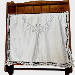 Vintage oak bathroom cabinet with towel holder and shelving Cottagecore lace curtains