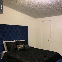 Blue Velvet Bed With Mattress 