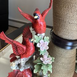 2 Red Cardinal Birds In Flowering Tree - Porcelain Figurine