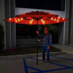 New In Box 9 Feet HOMSHADE 3 Tier Umbrella With Solar LED Light UV Protected Red Fabric Stand NOT Included