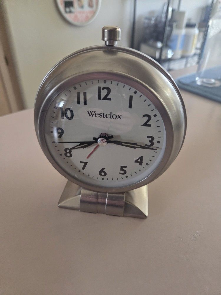 Westclox Clock/Alarm Clock...1 New AA Battery Included...Silver Tone